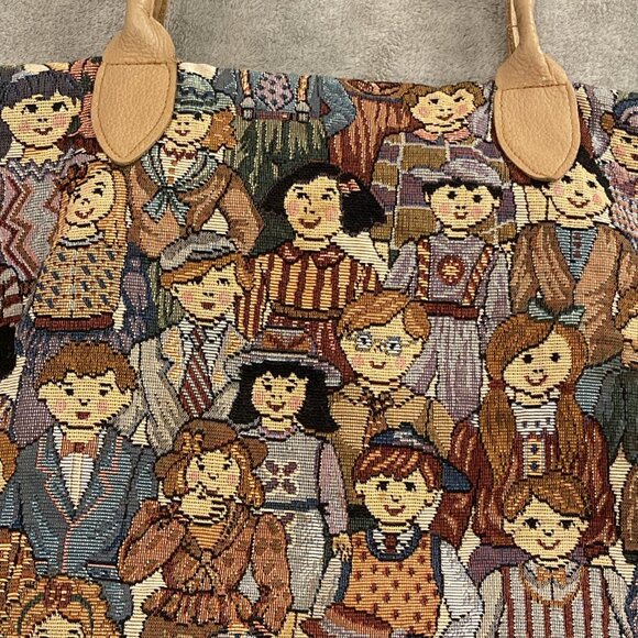 Tapestry Tote Handled Purse With Children’s Faces Cottage Vintage Zip Close Fun - Picture 2 of 8